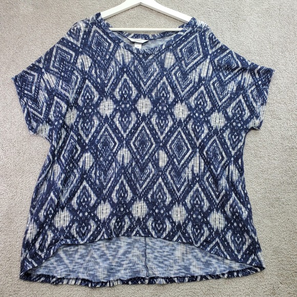 CJ Banks Tops - CJ Banks Blue White Ikat Diamond Print Short Sleeve Tunic Top Plus Size 2X